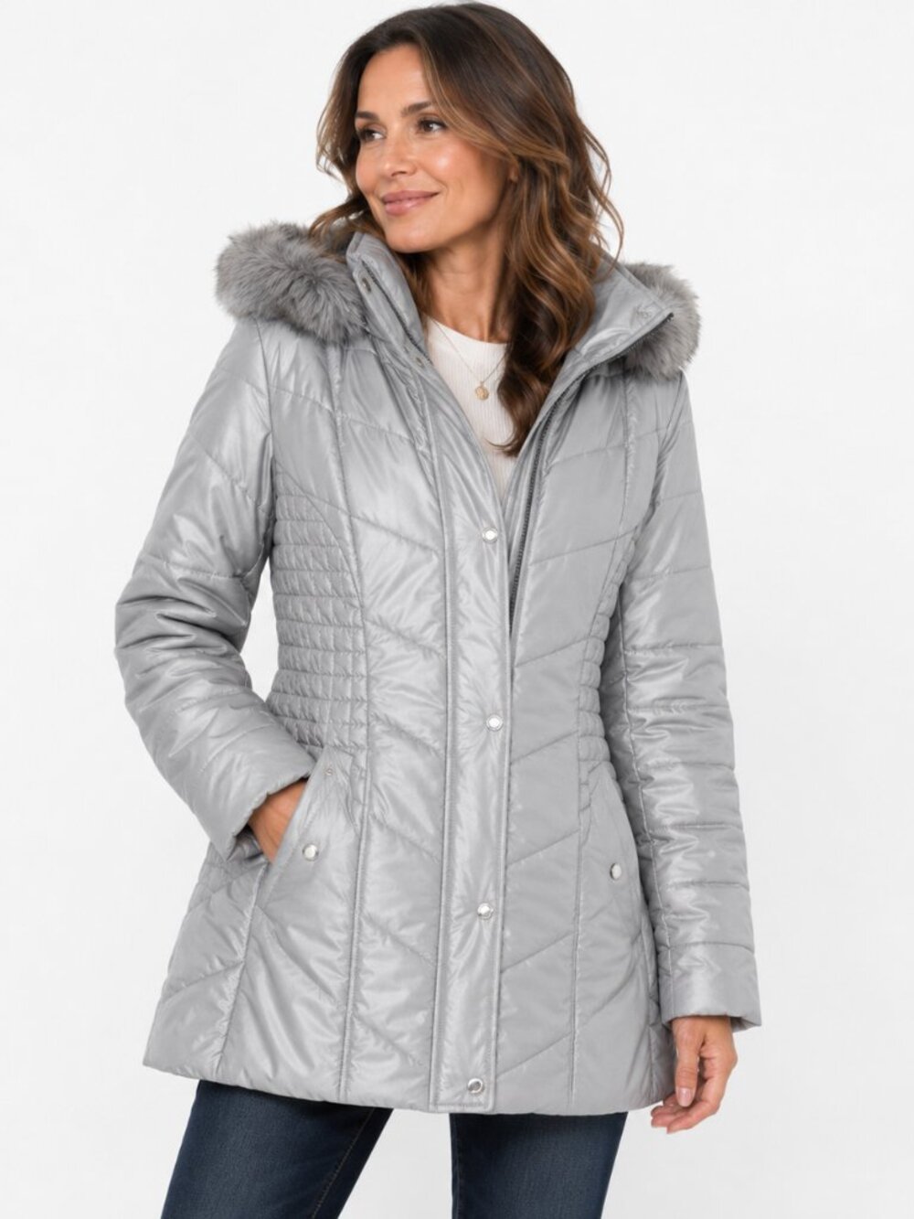Susan Graver Puffer Coat 1X Gray Faux Fur Hood Winter Jacket NWT